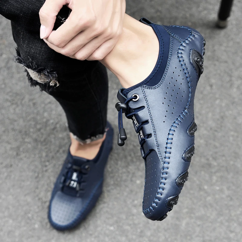 

Men's Casual Shoes Genuine Leather Fashionable Retro Style Handmade Breathable lightweigh Mens flat Non Slip Lace up Sneakers