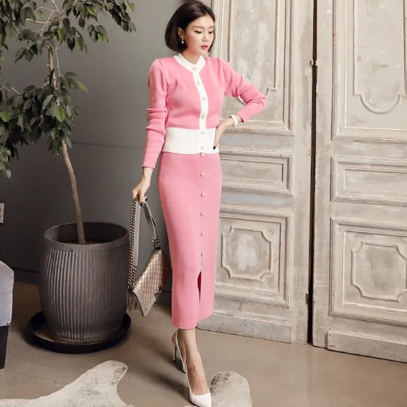 Женский Осенний розовый/черный однобортный Кардиган с круглым вырезом и