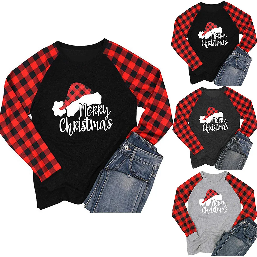 Женские повседневные клетчатые рубашки с длинным рукавом и рождественским