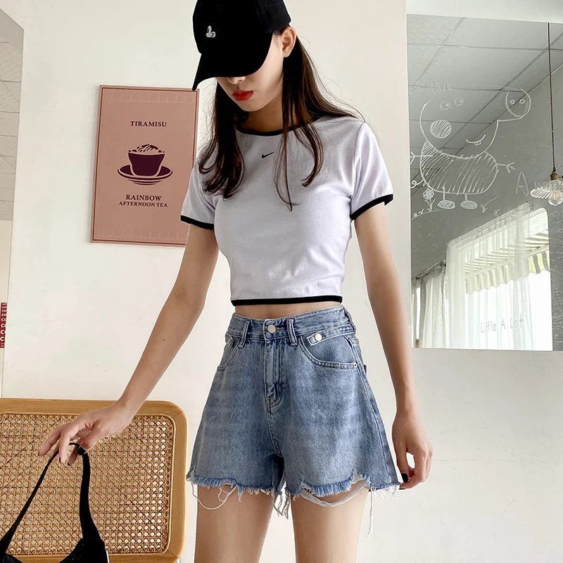 GUUZYUVIZ Blue Hot Pants Jeans High Waits Denim Short Feminino Hold Tassel Korean Summer 2020 Loose Plus Size | Женская одежда