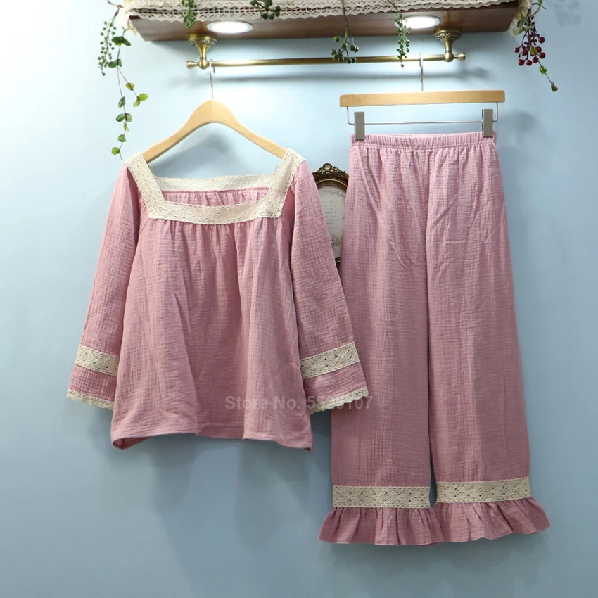 

Renaissance Medieval Women Pajamas Set Cotton Breathable Lounge Sleepwear Square Collar Jacquard Vintage Mori Girl Nightgown