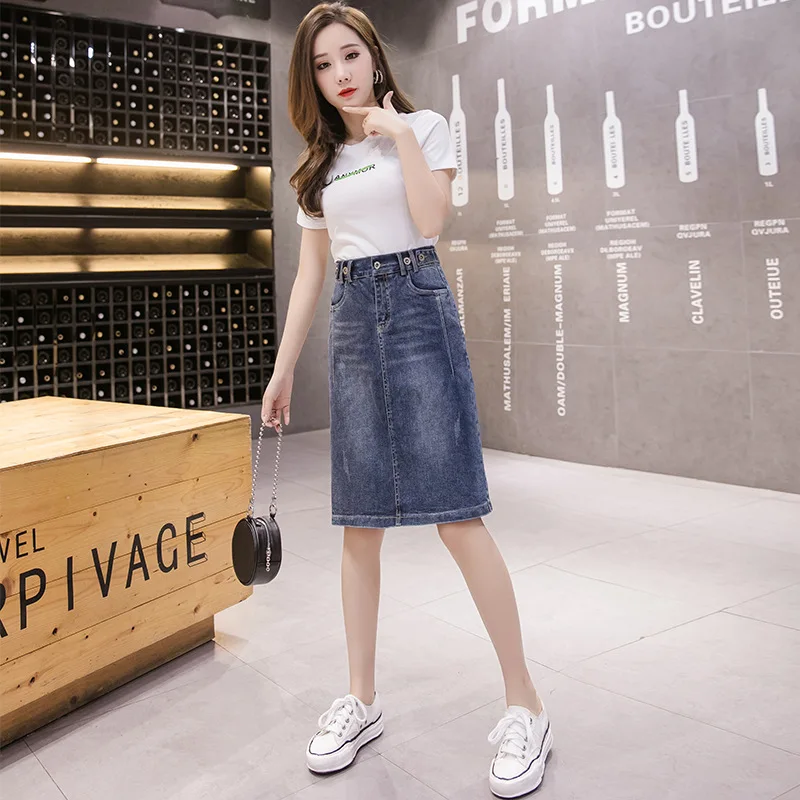 

Fashion Women Skirt Ladies High Waist Slim Denim Skirt Female Loose A-line Slit Skirt Girl's Solid Color Mid-length Skirt