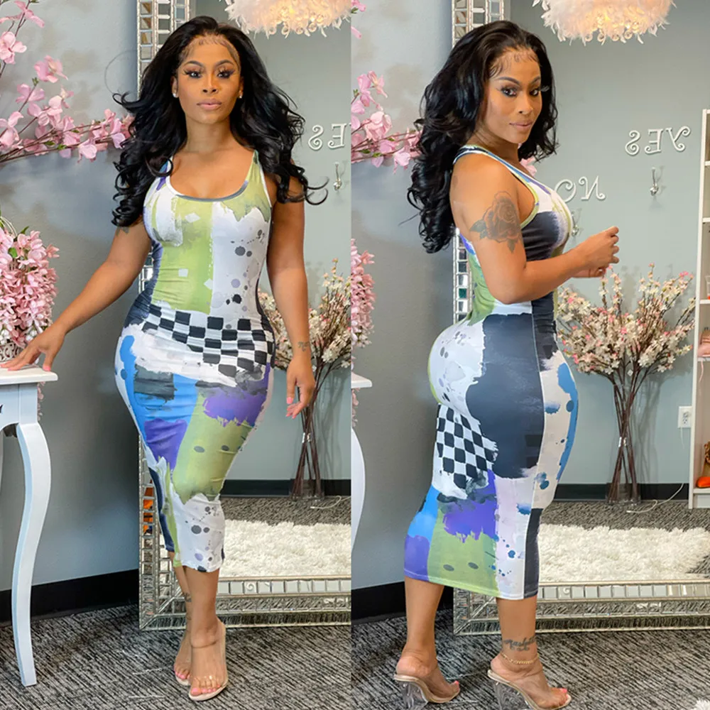 

Contrast Color Patchwork Summer Slim Fit Dress Women Scoop Neck Sleeveless Bandage Dress Fashion Body-shaping Skinny Tank Dress