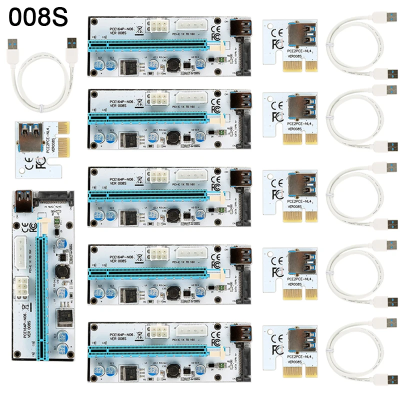 

Лидер продаж 6 шт. 008S 3 в 1 PCIe PCI-E PCI Express Райзер-карта 1x до 16x USB 3,0 кабель для передачи данных для майнинга биткоинов BTC графическая карта 2021