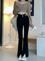 split flare jeans for women high waist two buttons slim flare jeans lady chic casual slim boot cut denim pants