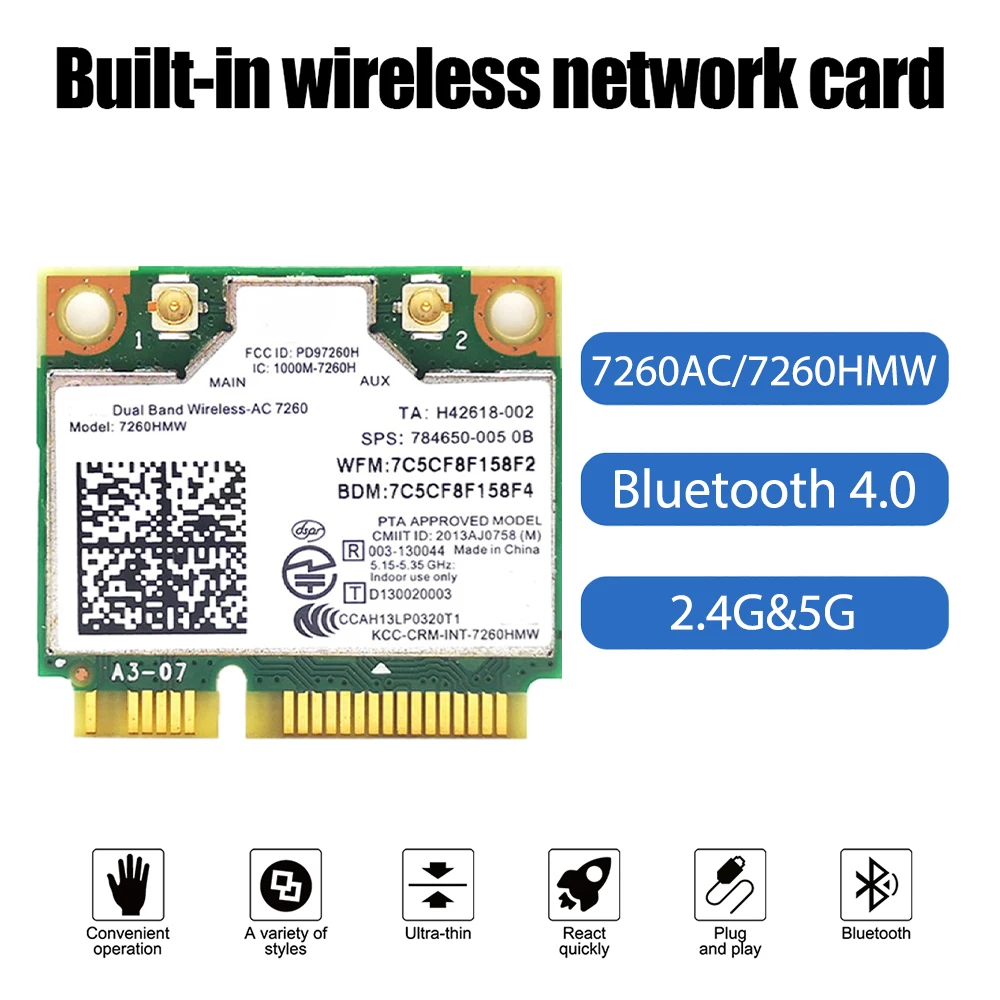 

7260AC/7260HMW Wireless Card Bluetooth 4.0 Mini PCI-E 867M 2.4G/5G Dual Band Wifi Network Card for Desktop Notebook PC