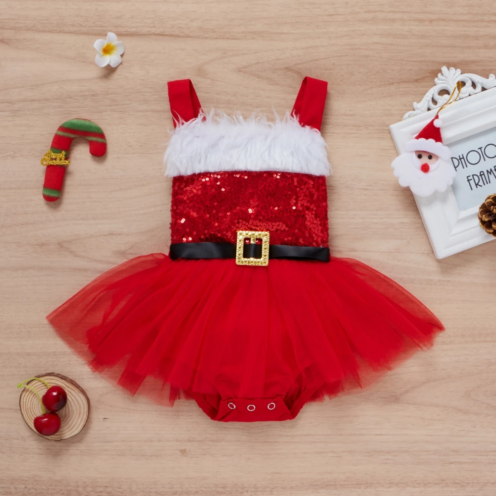 

Girls Cute Christmas Furry Collar Sequins Net Yarn Hamper Dress