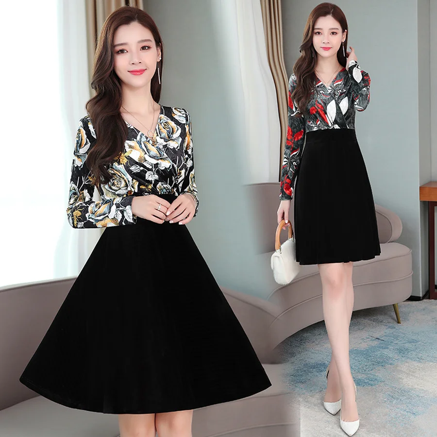 2021 с винтажным принтом Бог Бархатная мини платья на осень и зиму 4XL размера плюс