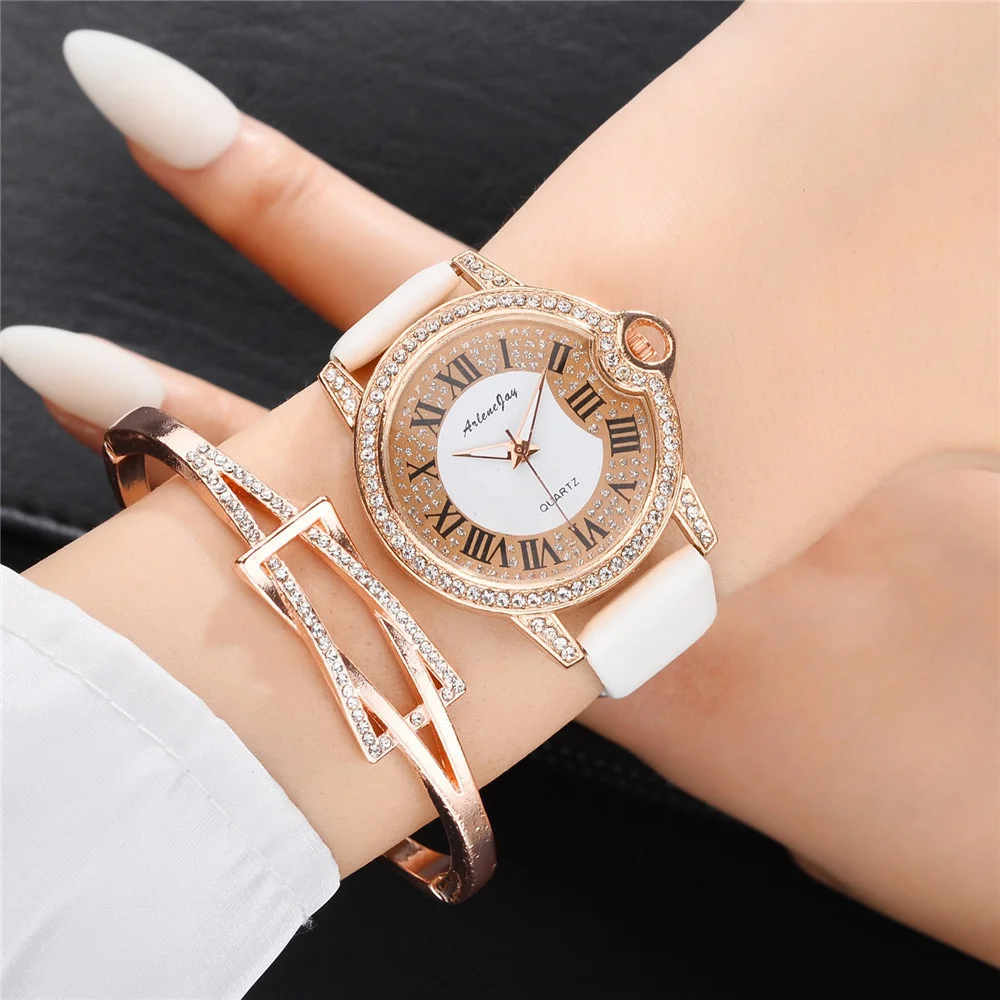 Роскошные Стразы в римском стиле цифрами для женщин часы женский кожаный ремешок