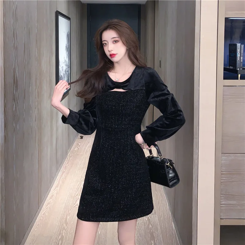 

COIGARSAM Patchwork Women dress New Dresses Brown Black 9115