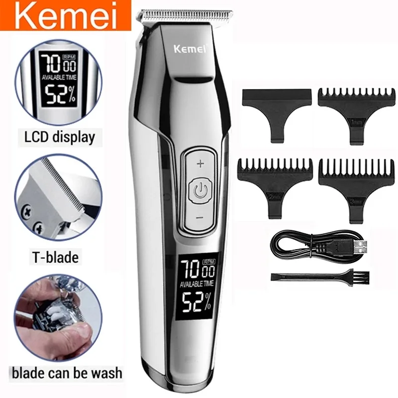 

Профессиональная машинка для стрижки волос Kemei, парикмахерский триммер с болдугой, 0 мм, с ЖК-дисплеем, для мужчин, «сделай сам», электрически...