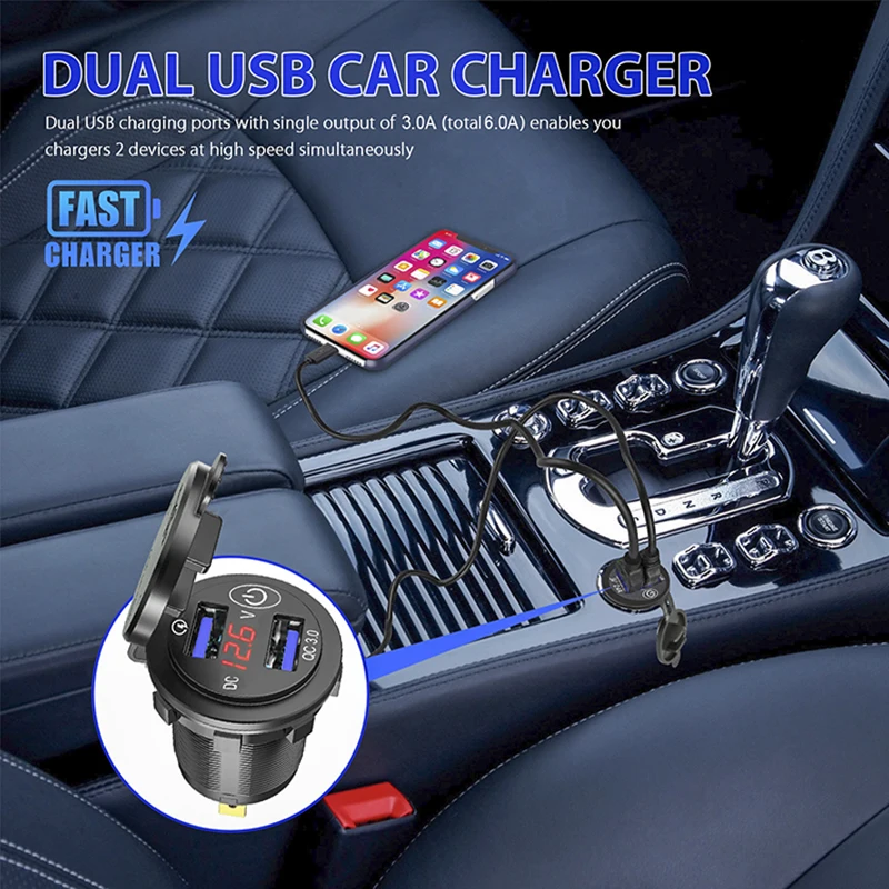 qc3 0 36w usb quick charger car motorcycle dual auto usb charger socket led display with touch switch for truck boat atv dvr gps free global shipping