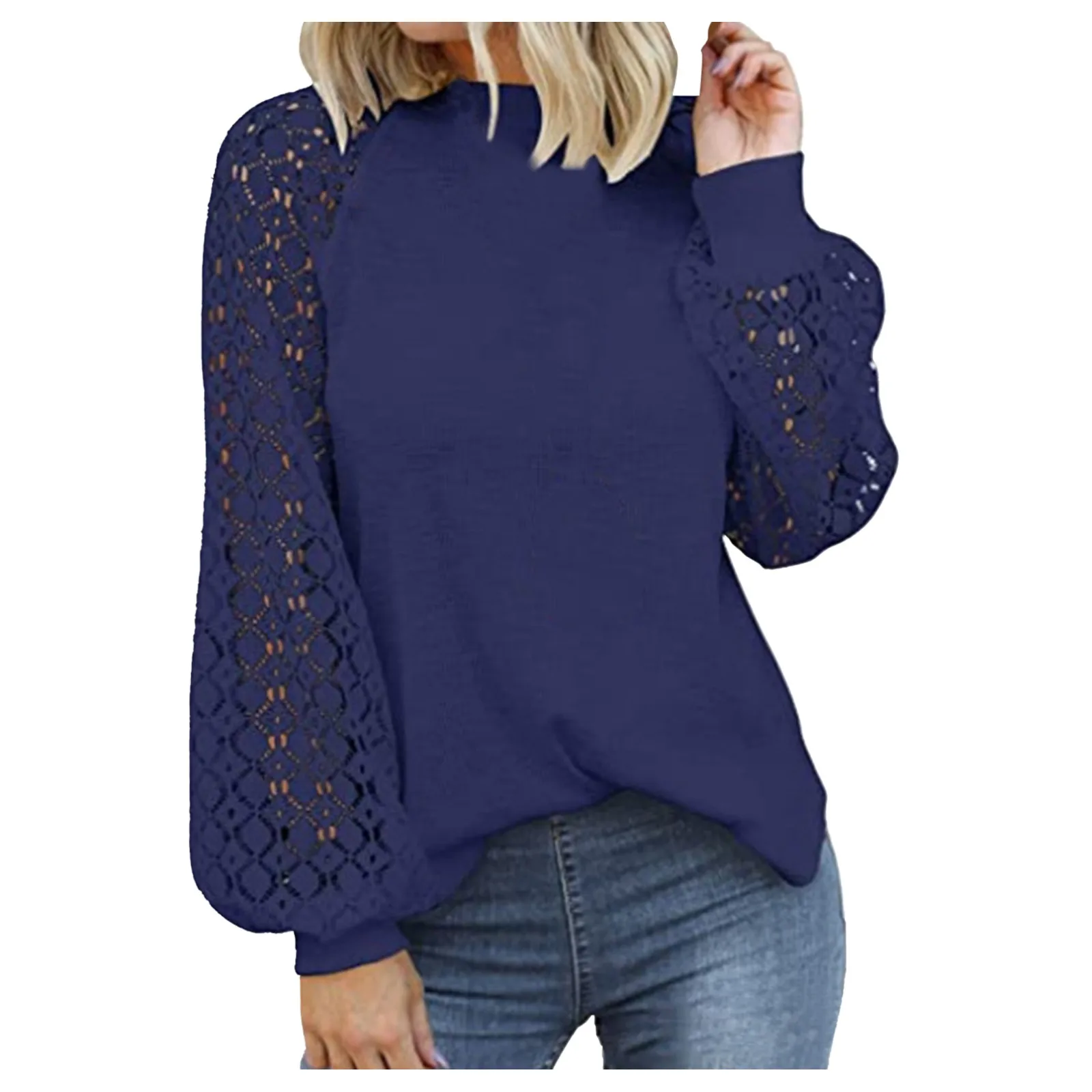 Женская Однотонная футболка с кружевом Повседневная Свободная длинным рукавом и