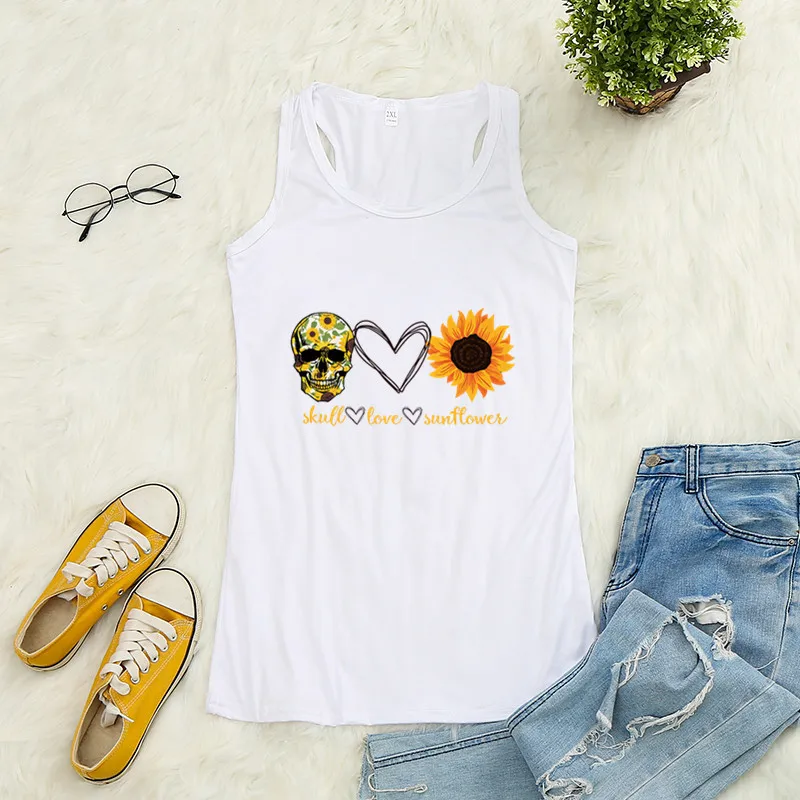 

Skull Love Sunflower Printed Crop Top Women Sleeveless O Neck Tank Top Summer Ladies Casual Loose Vest Haut Femme Ropa Mujer
