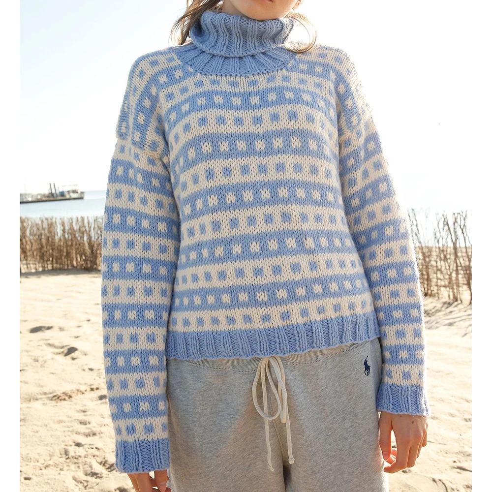 

2021 New Ladies Fashion High Neck Pullover Sweater Knitted Printing Long Sleeve Loose Casual Long Sleeve Sweater Winter Clothing