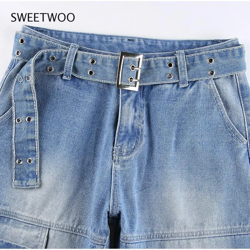 

Summer Women's Straight Workwear Jeans Wrap Belt Retro Denim Trousers Folded Drawstring Women's Denim Trousers Street Jeans