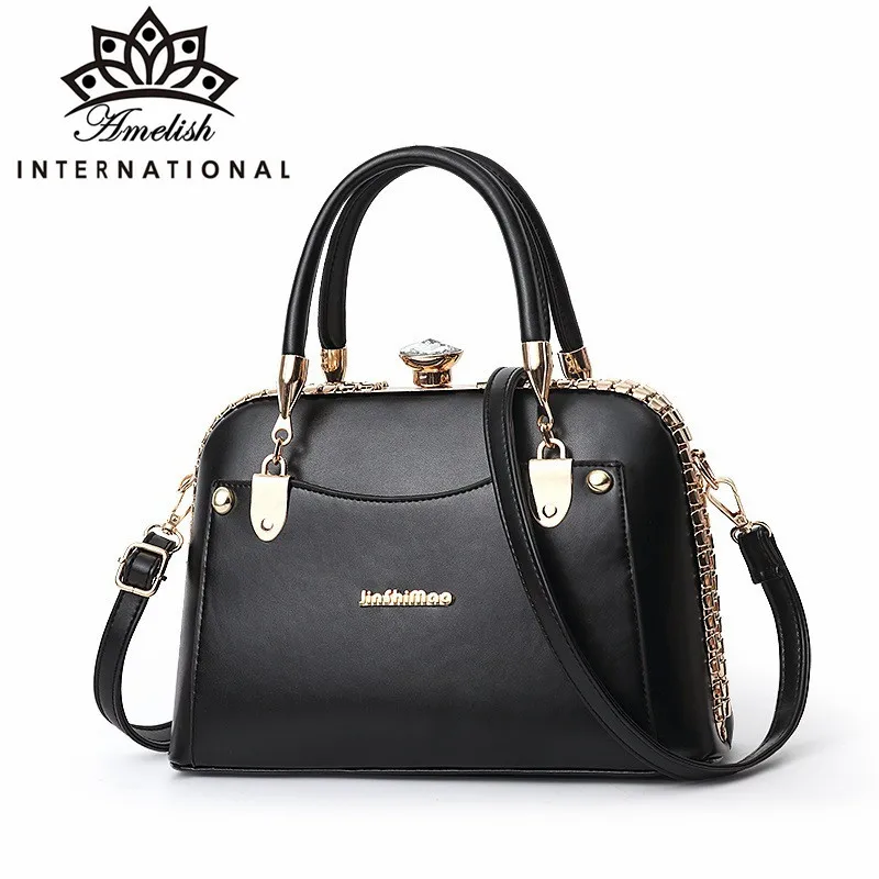 

AMELISH 2022 Large Capacity Diamonds Hand Bags for Women PU Leather Hangbags Female Frame Office Lady Shoulder Crossbody Totes