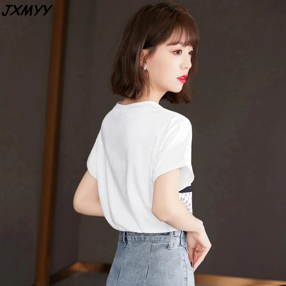 

2021 summer women's contrast color pullover round neck letter printing short-sleeved T-shirt women loose JXMYY