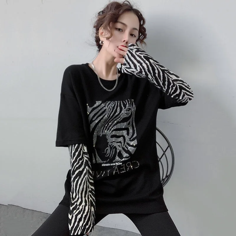 

Diamonds Zebra Pattern T-shirt Loose Harajuku Fake Two-Pieces Pulovers Streetwear Women Long Sleeve Mujer Camisetas