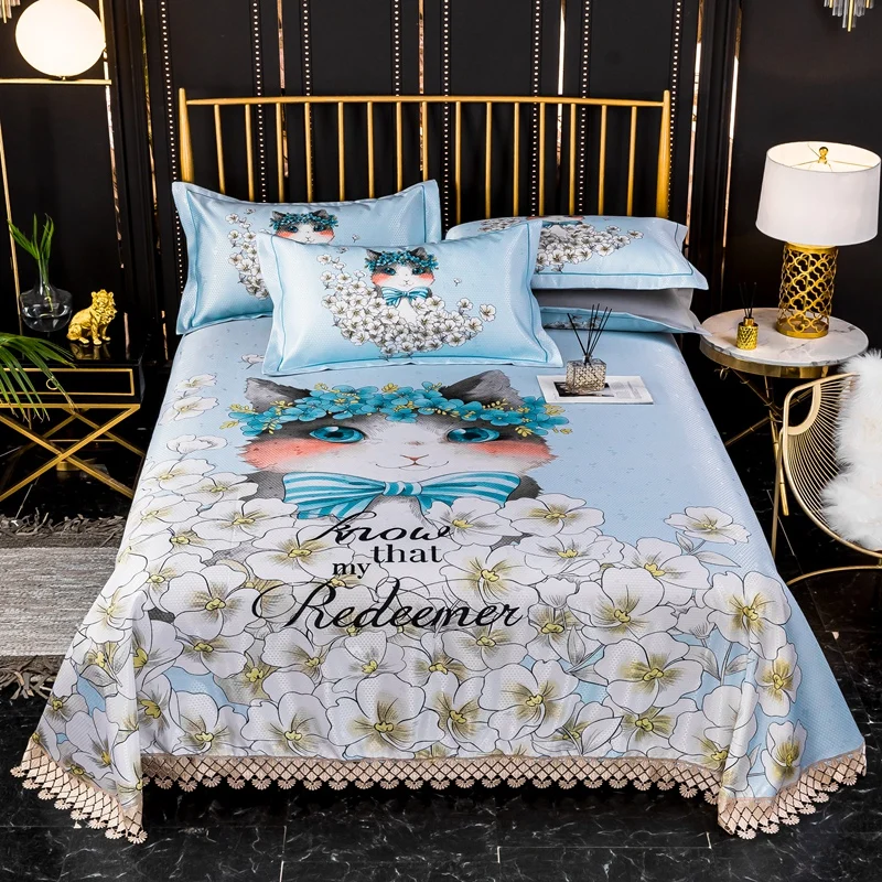 

2020 new products Large print ice silk mat Bed spread Fitted Sheet Pillowcases 2/3 pcs lace Bedding.