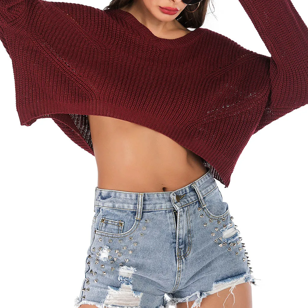 Женский вязаный свитер KLV однотонный укороченный с асимметричным v-образным