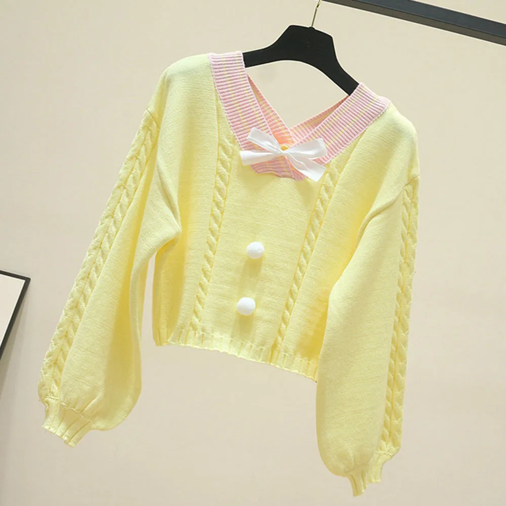 Женский трикотажный свитер с бантом белый винтажный пуловер V-образным вырезом и