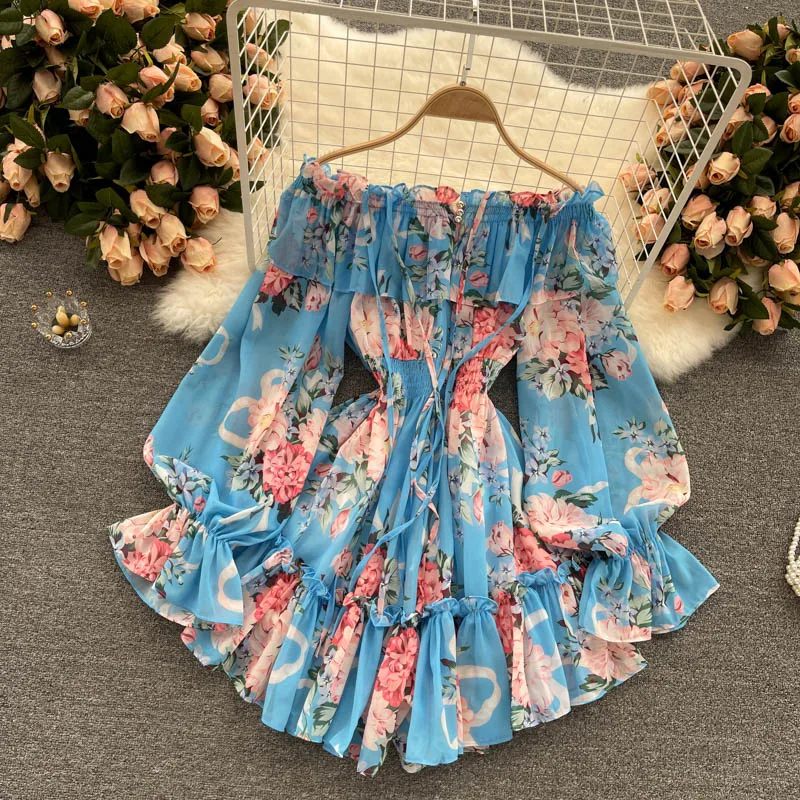 

Pinkou Women Elegant Floral Playsuits Bow Tie Ruffles Off Shoulder Slash Neck Beach Wear Sexy Chic Jumpsuits Mujer KA71