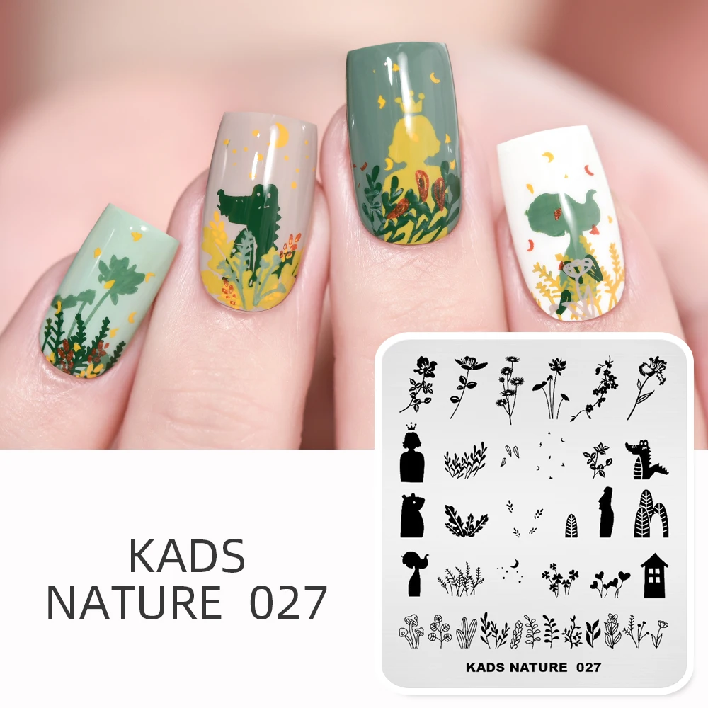 KADS пластины для штамповки ногтей Nature 027 шаблон с изображением листьев и цветов