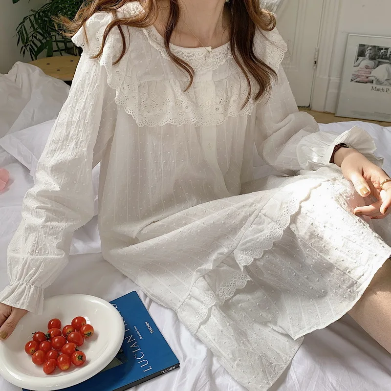 Spring 2021 New Korean Solid Color Cotton Casual Jacquard Lace Long Sleeve Nightdress Home Wear Sexy Nightgown Sleep Tops
