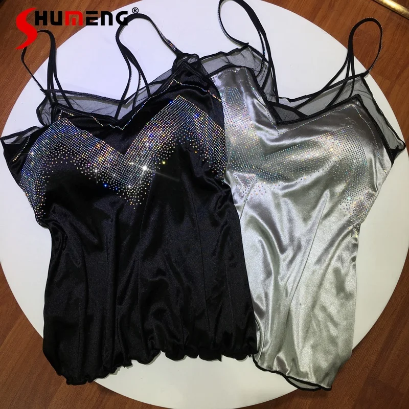 

2022 New Rhinestone Camisole Women's Corset Summer Lace Slim Fit Woman Clothing Sexy Silver Silky Tank Top Underwear with Padded