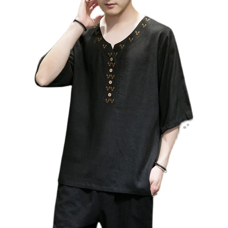 

Chinese Style Cotton Linen V-Neck T Shirt Men Summer Short Sleeve Top Traditional Clothing Tea Clothes Plus Size Thin Tang Suit