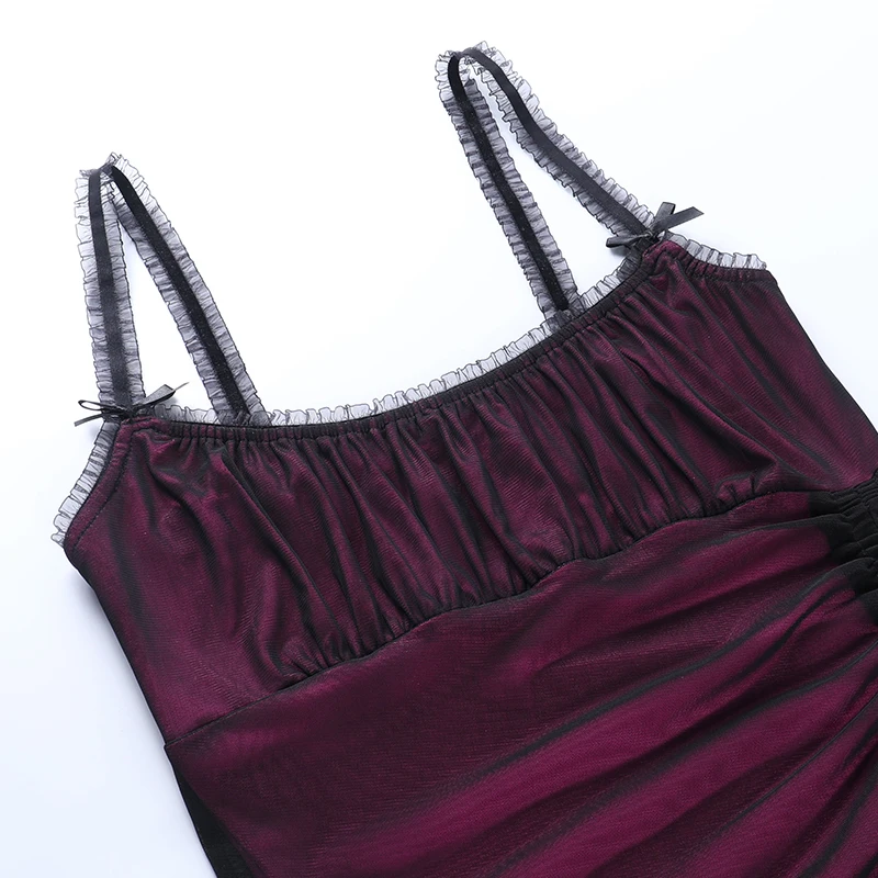 

Gothblack Sexy Drawstring Lace Patchwork Ruffles Bodycon Dress Summer Women Spaghetti Strap Bow Mini Dress Gothic Street Outfits