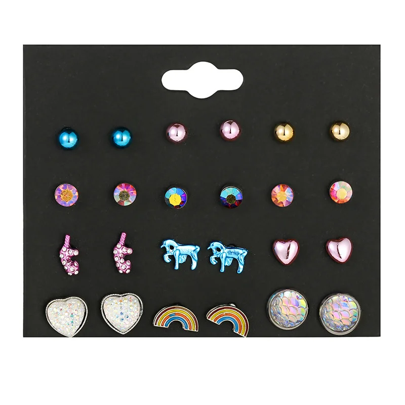12 пар микс форма маленький кристалл Радуга Единорог сердце серьги набор простой