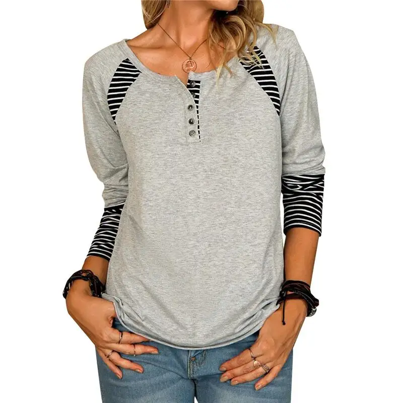 

Striped Print T-shirt Women Casual Long Sleeve Round Neck Button Tee Tops Fashion Stitching Pullover Straight T-shirt