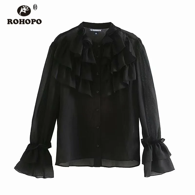 ROHOPO каскадные оборки воротник длинный рукав черный Chffion блузка гофрированные