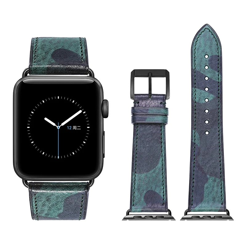 GREEN-Black buckle Ремешок для Apple Watch 38 мм 42 мм ремешок для Apple Watch 40 мм 44 мм камуфляжная серия 4/3 Серия 2 серия 1 кожаный браслет iWatch - Цвет ремешка: GREEN-Black buckle