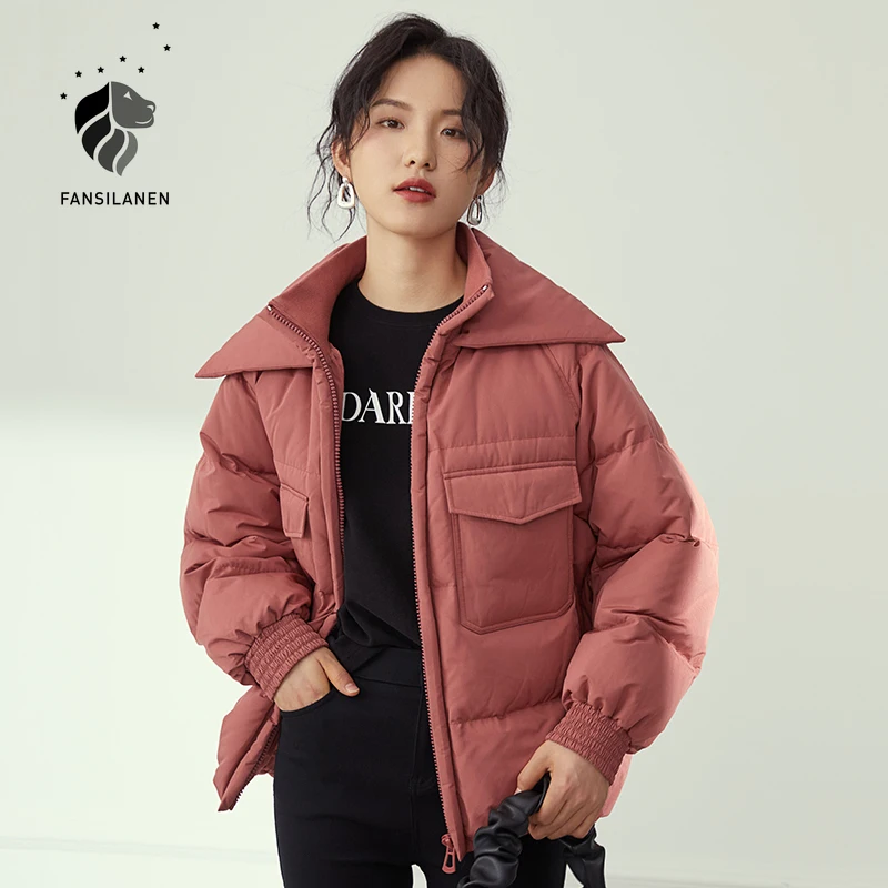 

FANSILANEN Casual Streetwear Short Hooded Down Jacket Women Pocket Wram Thermal Down Parka Feather Quilted Winter Puffer Coat
