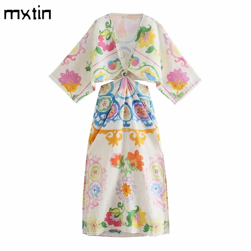 

MXTIN 2021 женское летнее модное Цветочное платье миди с вырезами Винтажное с V-образным вырезом и коротким рукавом женские платья для вечерние ...