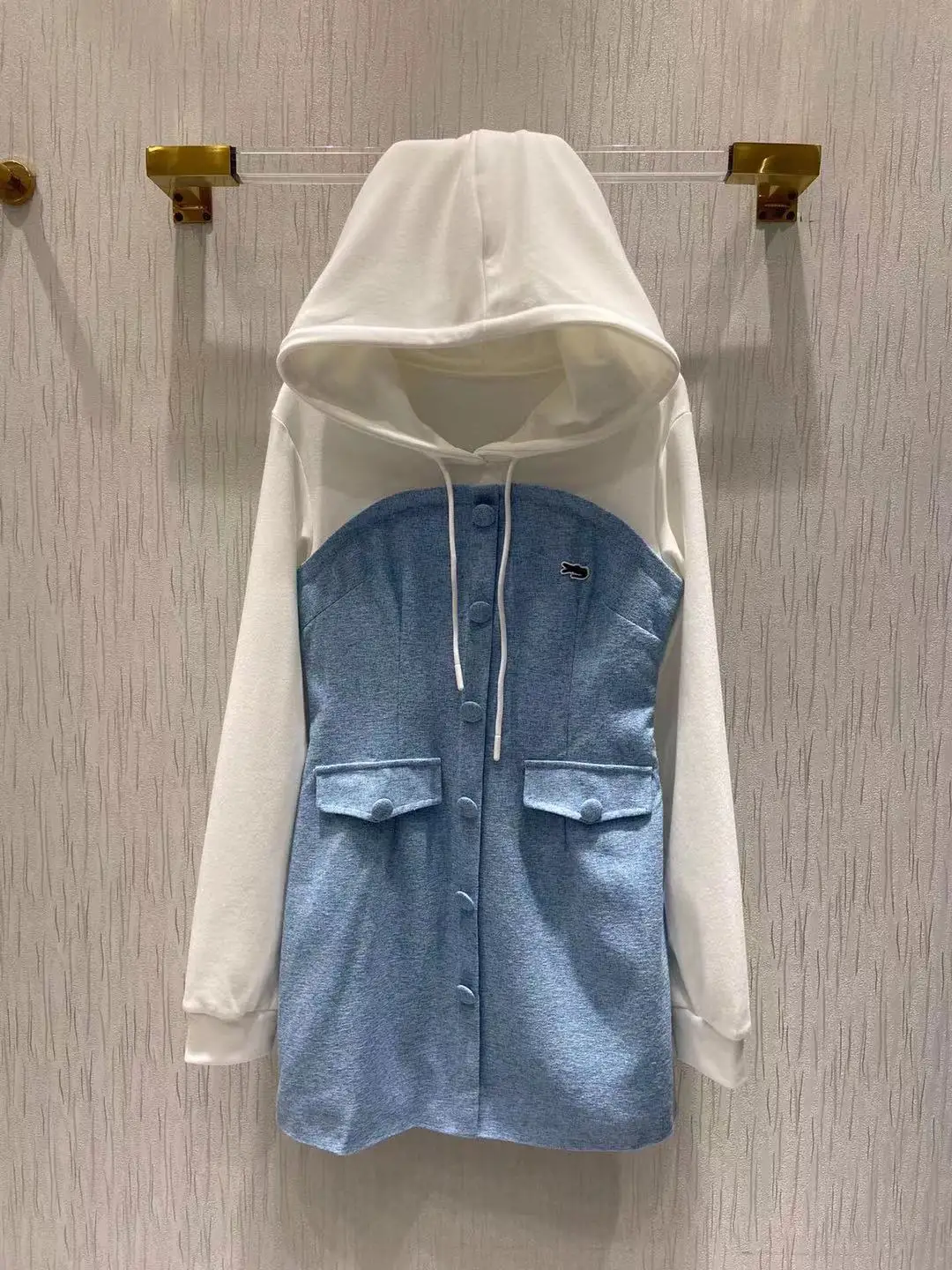 

New 2021 Fashion Runway Winter Mini Dress Women's Hooded Long Sleeves Elegant Color Patchwork Single Breasted Dresses