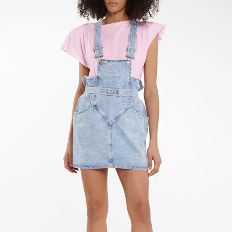 

2021 New Summer Women's Strap Denim Mini Dress Sweet Fresh Lady Sleeveless Pink Blue Female Sling Short Dresses with Pockets