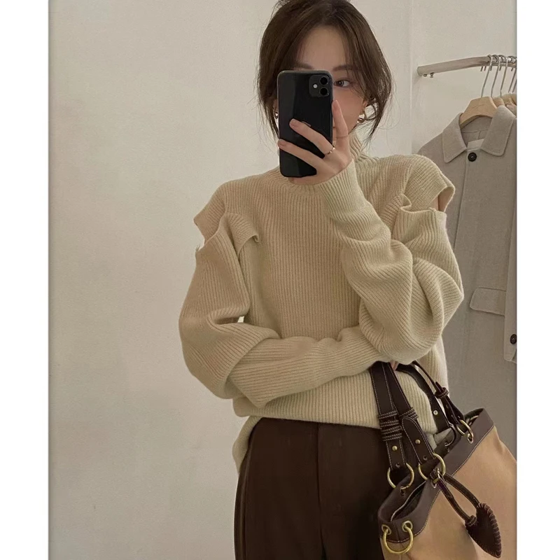 

Женский свитер с открытыми плечами, Свободный вязаный пуловер с высоким воротником, весна-осень 2022