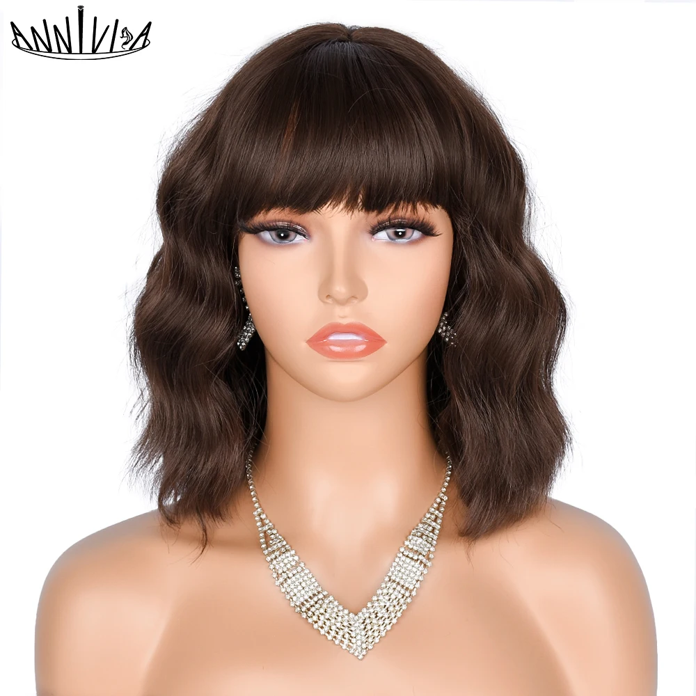 

Short Wavy Wigs With Bangs Synthetic Wig For Women Natural Brown Red Pink Bob Wig Heat Resistant Cosplay Wig Annivia