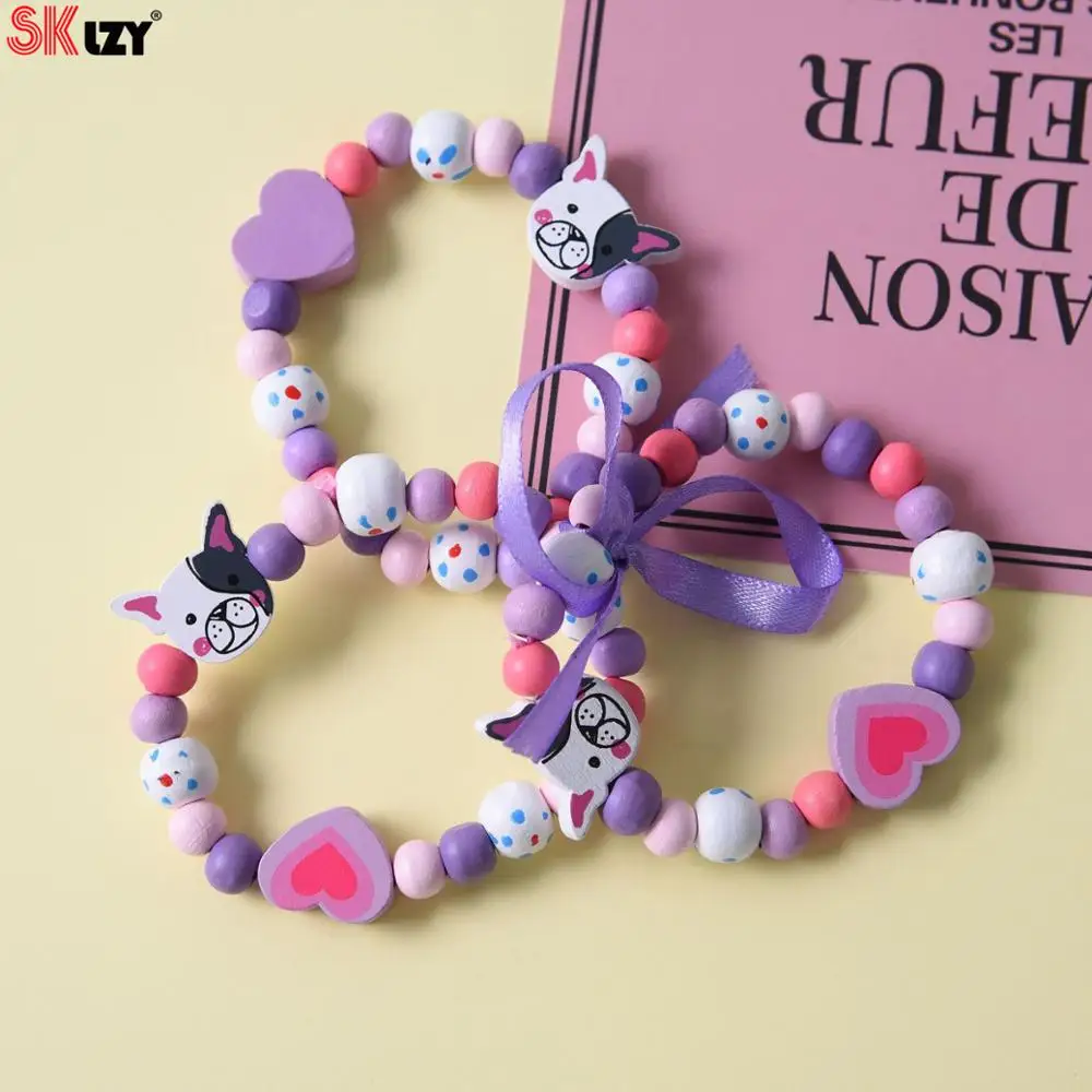 Красочные цветы милые Мультяшные животные деревянные бусины детский браслет