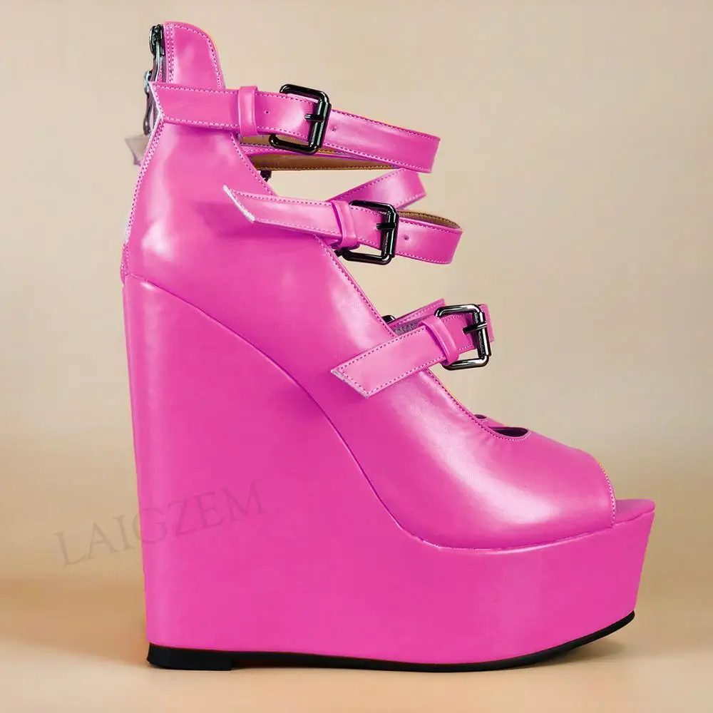 

LAIGZEM Women Pumps Platform Wedges Back Zip Buckle Straps Shoes Woman Sandals Peep Toe Escarpins Shoes Large Size 44 46 50 52