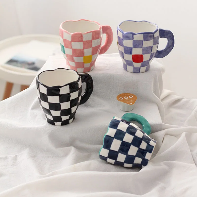 

Color Lattice Cups Nordic Cute Checkerboard Mug Breakfast Milk Cup For Home Ceramics Mugs Coffee Cups Кружка Термокружка