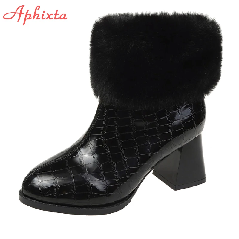 

Aphixta 2021 Winter Warm Women's Boots Zip Round Toe Retro Plush Furry Ankle Boots 6cm Square Heels Winter Shoes Women