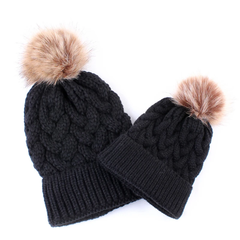 

Infant Baby Boy Girl & Mom Winter Knit Warm Soft Beanie Hat Hairball Cap For Adult Children Family Matching Caps Adults Hats