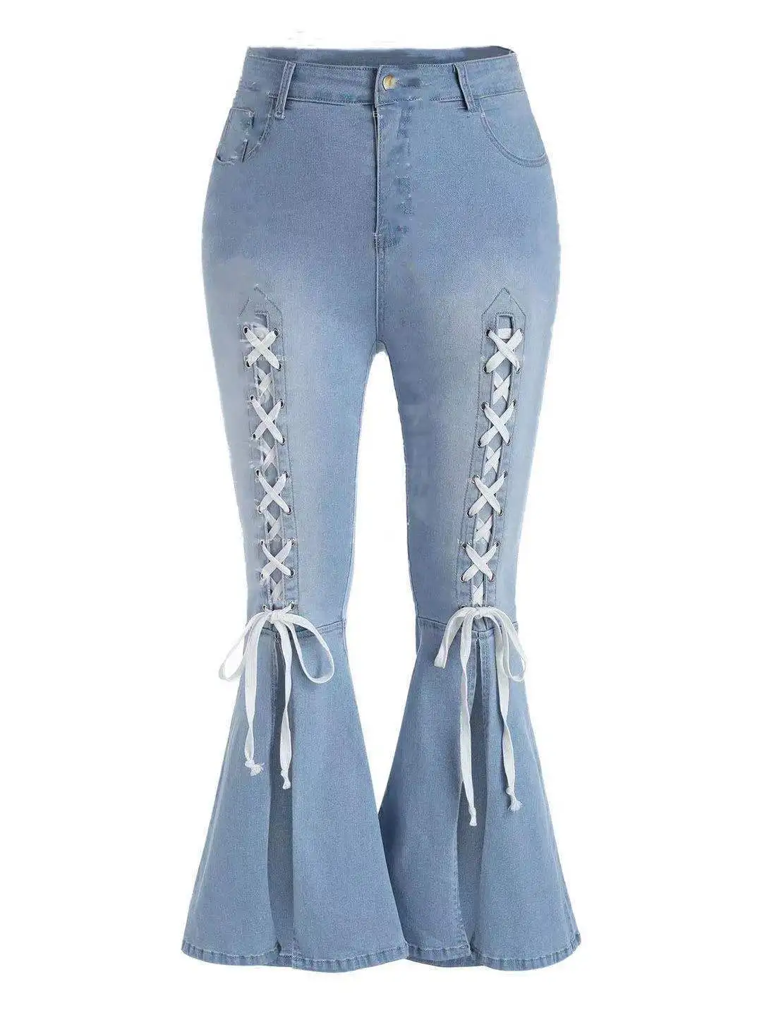 

2021 New Arrival Summer Style Female Fashion Sexy Summer Banadage Plus Size Solid High Waist Hot Night Club Denim Flare Pants