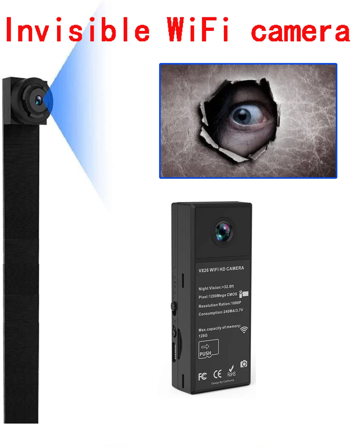 

Invisible WiFi 1080P video mini camera wireless security nanny camera 150° wide-angle with DIY interchangeable len night vision