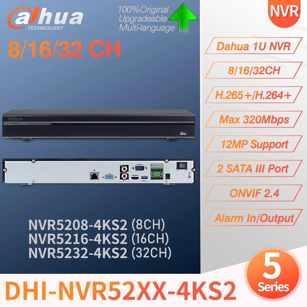 

Dahua Original NVR5208-4KS2 NVR5216-4KS2 NVR5232-4KS2 8/16/32 CH 1U H.265 12MP Pro 320Mbps MAX Network Video Recorder for CCTV